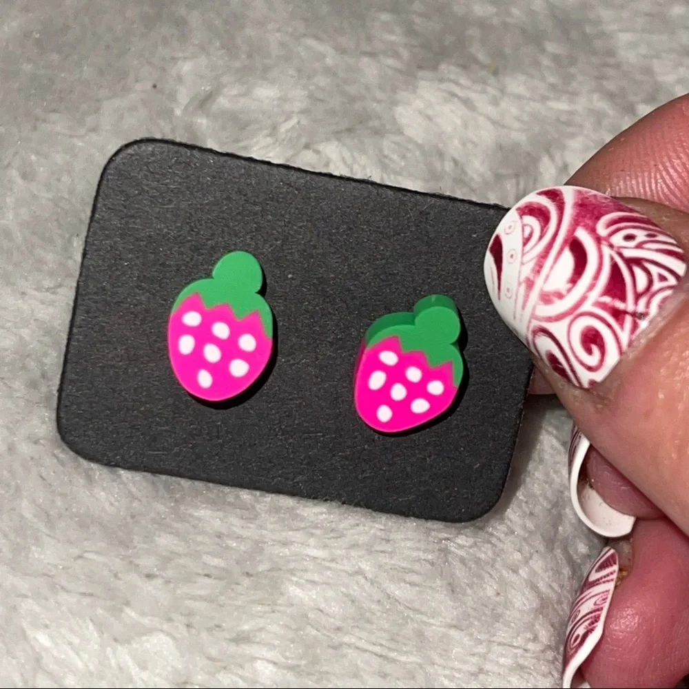 New Handmade Artisan Strawberry Polymer Clay Hypoallergenic Stud Earrings